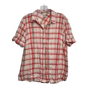 White Stag Women's Red Plaid Short Sleeve Button Up Shirt Top LG Cotton